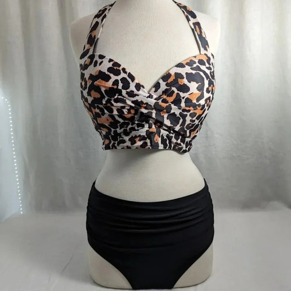 Other - Summer bikini-high waisted black bottoms, animal print halter top L//XL O10